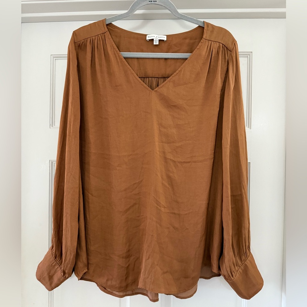 Camel V-Neck Satin Blouse